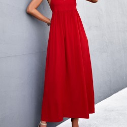 Backless Solid Color Tied A-Line High Waisted Deep V-Neck Slip Dress Midi Dresses