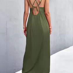 Backless Solid Color Tied A-Line High Waisted Deep V-Neck Slip Dress Midi Dresses