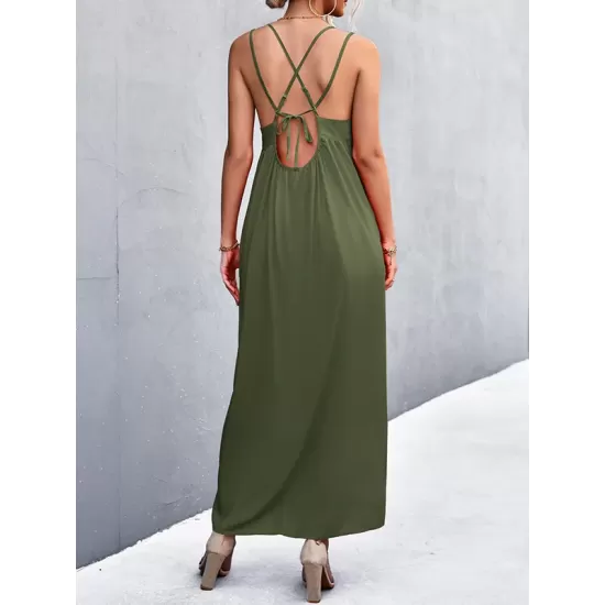 Backless Solid Color Tied A-Line High Waisted Deep V-Neck Slip Dress Midi Dresses Backless Solid Color Tied A-Line High Waisted Deep V-Neck Slip Dress Midi Dresses