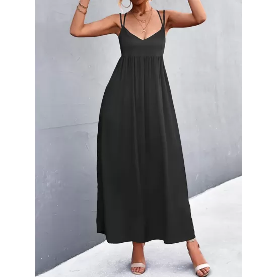 Backless Solid Color Tied A-Line High Waisted Deep V-Neck Slip Dress Midi Dresses Backless Solid Color Tied A-Line High Waisted Deep V-Neck Slip Dress Midi Dresses