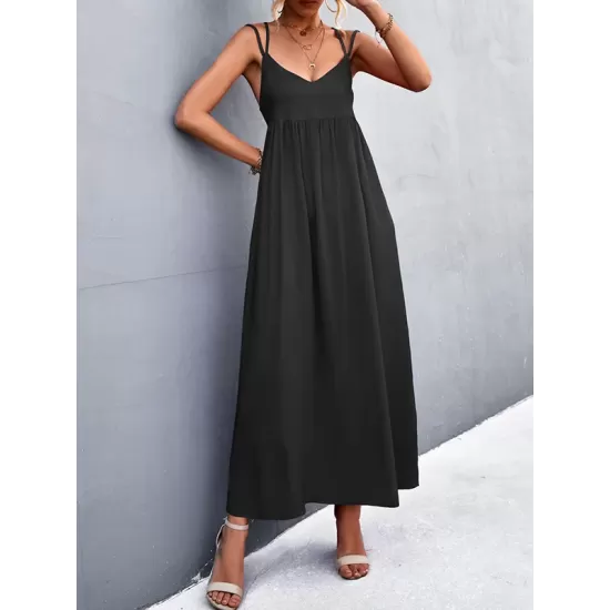 Backless Solid Color Tied A-Line High Waisted Deep V-Neck Slip Dress Midi Dresses Backless Solid Color Tied A-Line High Waisted Deep V-Neck Slip Dress Midi Dresses