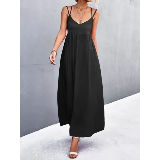 Backless Solid Color Tied A-Line High Waisted Deep V-Neck Slip Dress Midi Dresses Backless Solid Color Tied A-Line High Waisted Deep V-Neck Slip Dress Midi Dresses