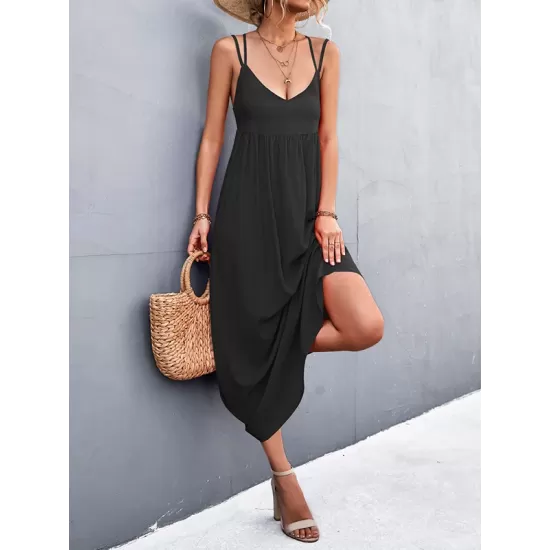 Backless Solid Color Tied A-Line High Waisted Deep V-Neck Slip Dress Midi Dresses Backless Solid Color Tied A-Line High Waisted Deep V-Neck Slip Dress Midi Dresses