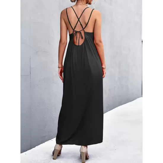 Backless Solid Color Tied A-Line High Waisted Deep V-Neck Slip Dress Midi Dresses Backless Solid Color Tied A-Line High Waisted Deep V-Neck Slip Dress Midi Dresses