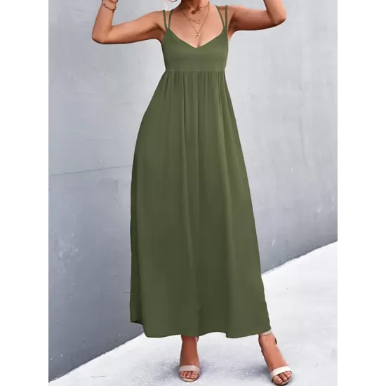 Backless Solid Color Tied A-Line High Waisted Deep V-Neck Slip Dress Midi Dresses Backless Solid Color Tied A-Line High Waisted Deep V-Neck Slip Dress Midi Dresses