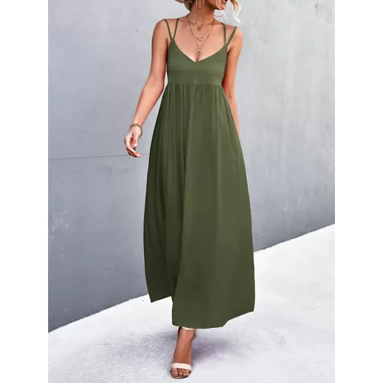 Backless Solid Color Tied A-Line High Waisted Deep V-Neck Slip Dress Midi Dresses Backless Solid Color Tied A-Line High Waisted Deep V-Neck Slip Dress Midi Dresses