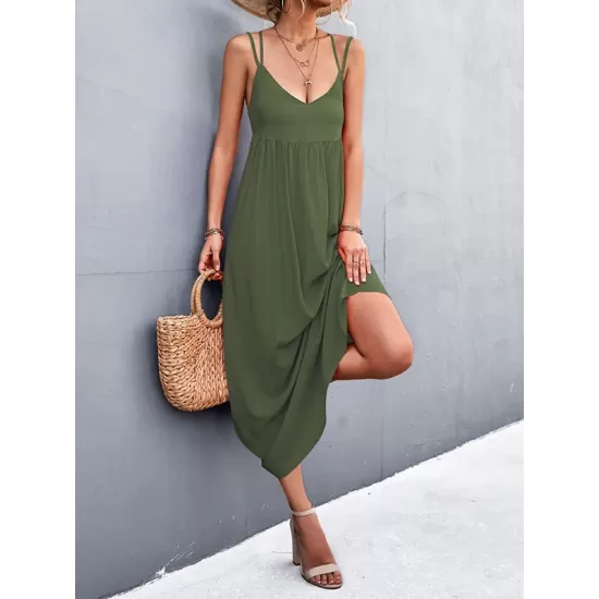 Backless Solid Color Tied A-Line High Waisted Deep V-Neck Slip Dress Midi Dresses Backless Solid Color Tied A-Line High Waisted Deep V-Neck Slip Dress Midi Dresses