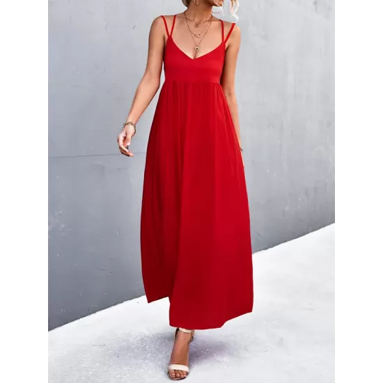 Backless Solid Color Tied A-Line High Waisted Deep V-Neck Slip Dress Midi Dresses Backless Solid Color Tied A-Line High Waisted Deep V-Neck Slip Dress Midi Dresses
