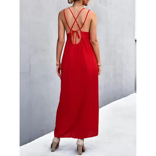 Backless Solid Color Tied A-Line High Waisted Deep V-Neck Slip Dress Midi Dresses Backless Solid Color Tied A-Line High Waisted Deep V-Neck Slip Dress Midi Dresses
