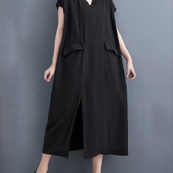 Solid Color Split-Front Split-Joint A-Line Loose V-Neck Midi Dresses