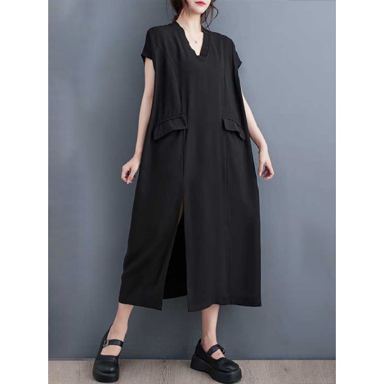 Solid Color Split-Front Split-Joint A-Line Loose V-Neck Midi Dresses Solid Color Split-Front Split-Joint A-Line Loose V-Neck Midi Dresses