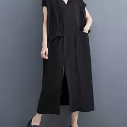 Solid Color Split-Front Split-Joint A-Line Loose V-Neck Midi Dresses