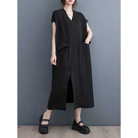 Solid Color Split-Front Split-Joint A-Line Loose V-Neck Midi Dresses Solid Color Split-Front Split-Joint A-Line Loose V-Neck Midi Dresses