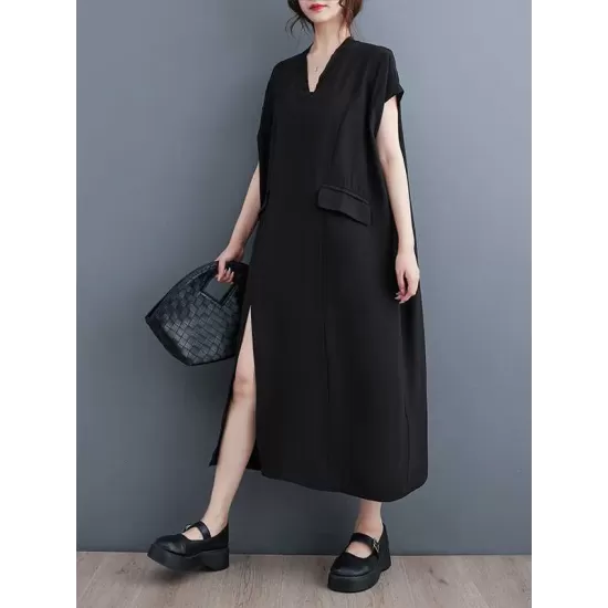 Solid Color Split-Front Split-Joint A-Line Loose V-Neck Midi Dresses Solid Color Split-Front Split-Joint A-Line Loose V-Neck Midi Dresses