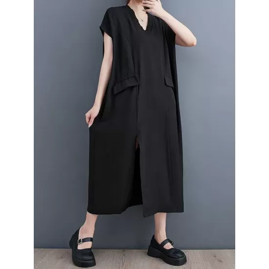 Solid Color Split-Front Split-Joint A-Line Loose V-Neck Midi Dresses Solid Color Split-Front Split-Joint A-Line Loose V-Neck Midi Dresses