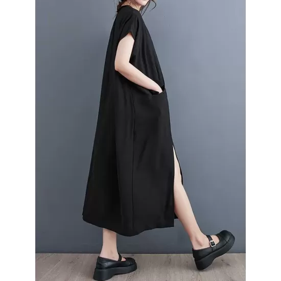 Solid Color Split-Front Split-Joint A-Line Loose V-Neck Midi Dresses Solid Color Split-Front Split-Joint A-Line Loose V-Neck Midi Dresses