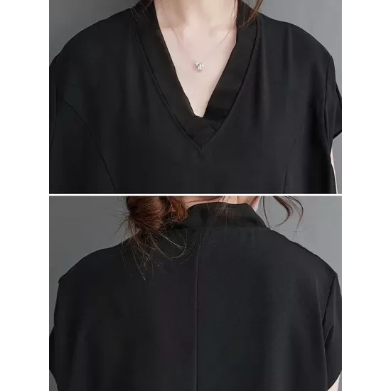 Solid Color Split-Front Split-Joint A-Line Loose V-Neck Midi Dresses Solid Color Split-Front Split-Joint A-Line Loose V-Neck Midi Dresses
