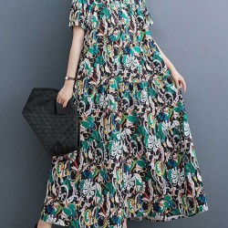 Printed Split-Joint A-Line Loose Stand Collar Midi Dresses