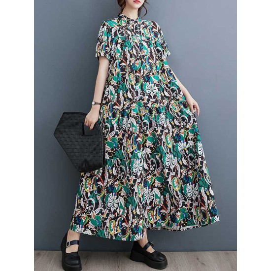 Printed Split-Joint A-Line Loose Stand Collar Midi Dresses Printed Split-Joint A-Line Loose Stand Collar Midi Dresses
