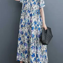 Printed Split-Joint A-Line Loose Stand Collar Midi Dresses