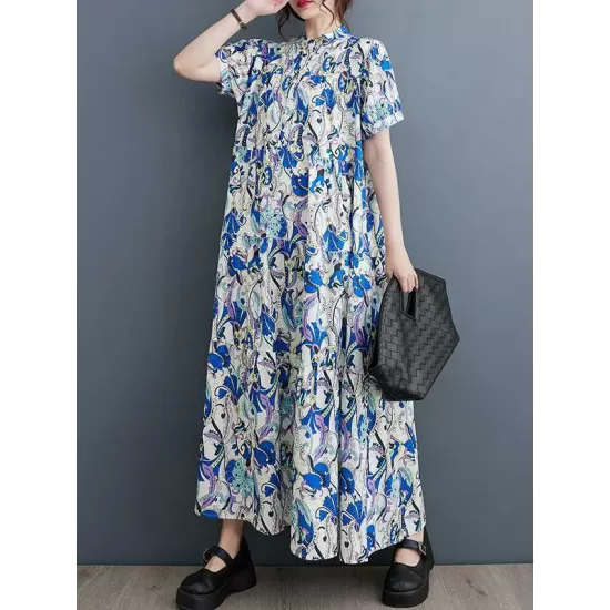 Printed Split-Joint A-Line Loose Stand Collar Midi Dresses Printed Split-Joint A-Line Loose Stand Collar Midi Dresses