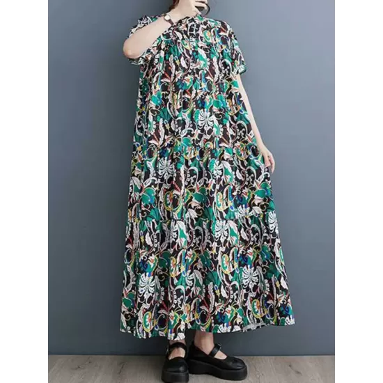 Printed Split-Joint A-Line Loose Stand Collar Midi Dresses Printed Split-Joint A-Line Loose Stand Collar Midi Dresses