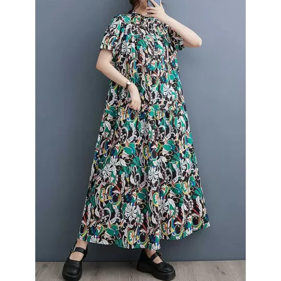 Printed Split-Joint A-Line Loose Stand Collar Midi Dresses Printed Split-Joint A-Line Loose Stand Collar Midi Dresses