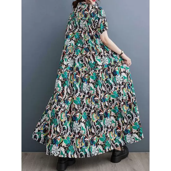 Printed Split-Joint A-Line Loose Stand Collar Midi Dresses Printed Split-Joint A-Line Loose Stand Collar Midi Dresses