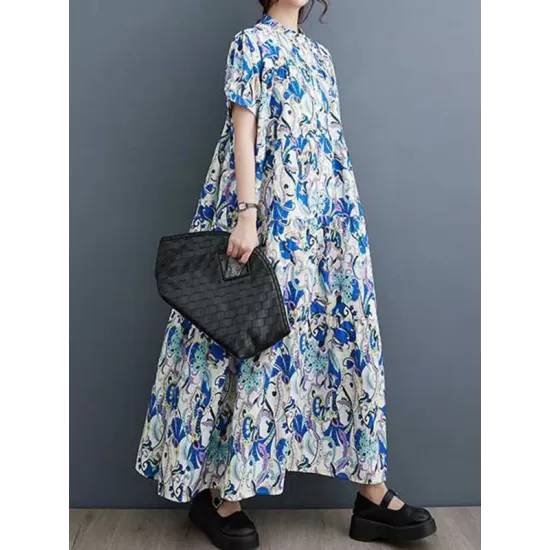 Printed Split-Joint A-Line Loose Stand Collar Midi Dresses Printed Split-Joint A-Line Loose Stand Collar Midi Dresses