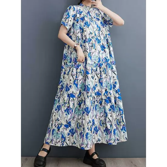 Printed Split-Joint A-Line Loose Stand Collar Midi Dresses Printed Split-Joint A-Line Loose Stand Collar Midi Dresses