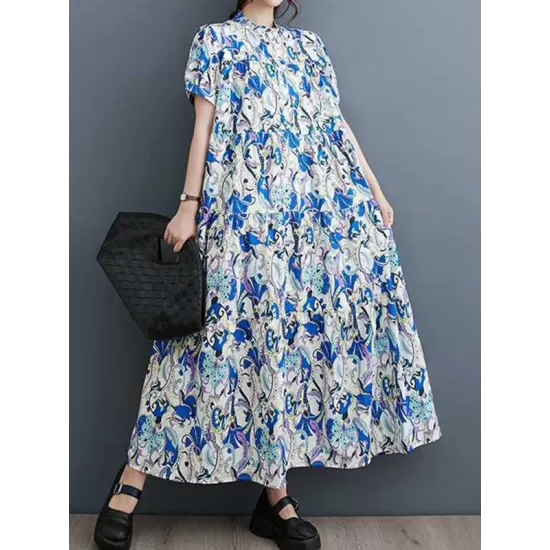 Printed Split-Joint A-Line Loose Stand Collar Midi Dresses Printed Split-Joint A-Line Loose Stand Collar Midi Dresses