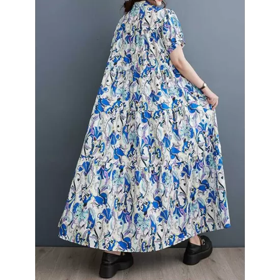 Printed Split-Joint A-Line Loose Stand Collar Midi Dresses Printed Split-Joint A-Line Loose Stand Collar Midi Dresses