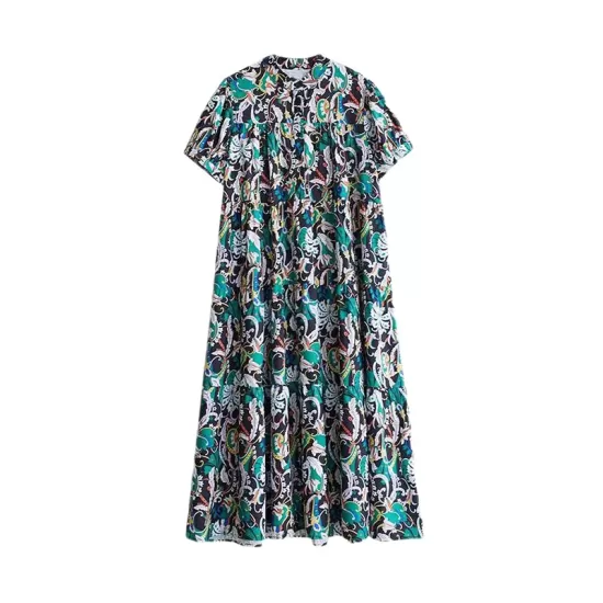 Printed Split-Joint A-Line Loose Stand Collar Midi Dresses Printed Split-Joint A-Line Loose Stand Collar Midi Dresses