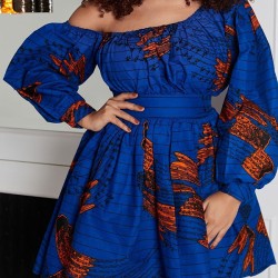 Elasticity Printed Tied Waist High Waisted Loose One-Shoulder Mini Dresses