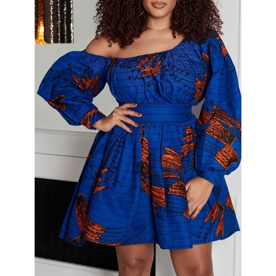 Elasticity Printed Tied Waist High Waisted Loose One-Shoulder Mini Dresses Elasticity Printed Tied Waist High Waisted Loose One-Shoulder Mini Dresses