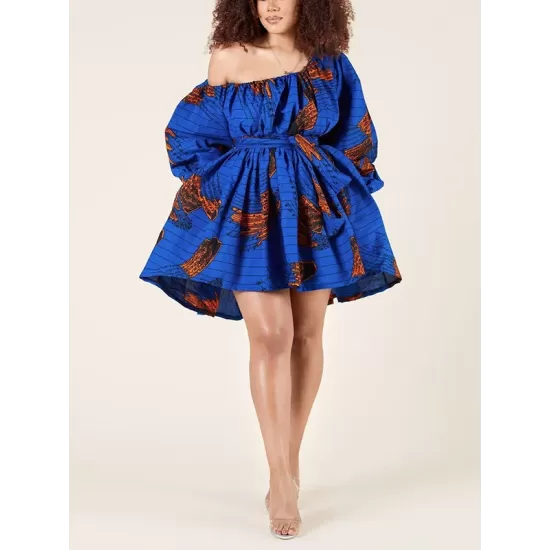 Elasticity Printed Tied Waist High Waisted Loose One-Shoulder Mini Dresses Elasticity Printed Tied Waist High Waisted Loose One-Shoulder Mini Dresses