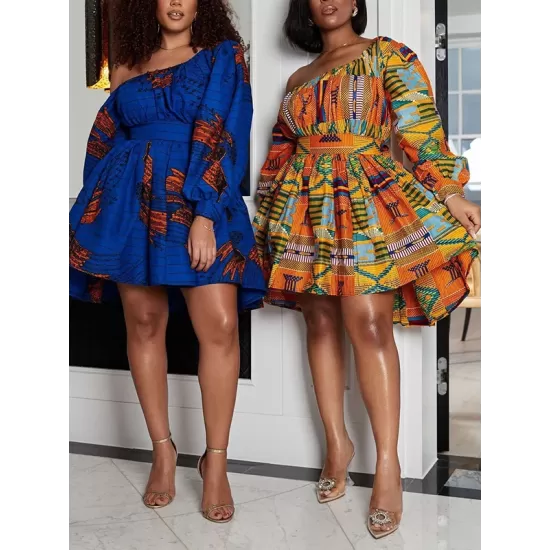 Elasticity Printed Tied Waist High Waisted Loose One-Shoulder Mini Dresses Elasticity Printed Tied Waist High Waisted Loose One-Shoulder Mini Dresses
