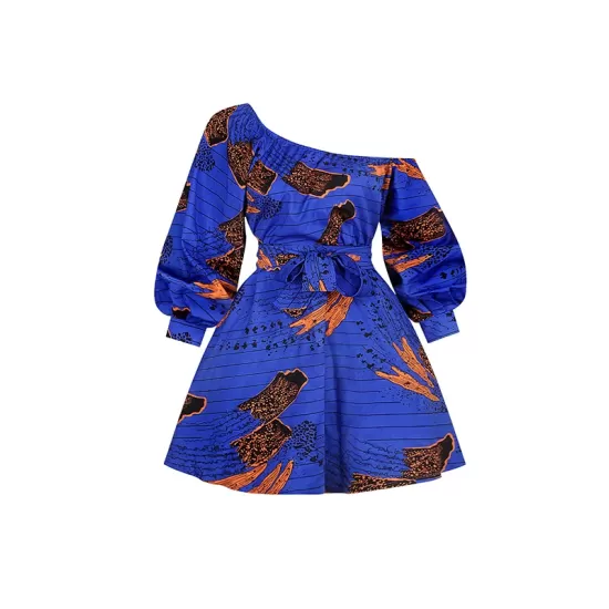 Elasticity Printed Tied Waist High Waisted Loose One-Shoulder Mini Dresses Elasticity Printed Tied Waist High Waisted Loose One-Shoulder Mini Dresses