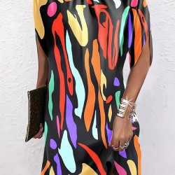 Printed Batwing Sleeves Loose Round-Neck Mini Dresses