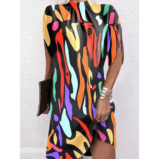 Printed Batwing Sleeves Loose Round-Neck Mini Dresses Printed Batwing Sleeves Loose Round-Neck Mini Dresses