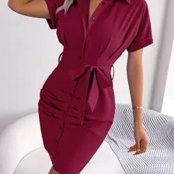 Bandage Pleated Solid Color Short Sleeves Lapel Mini Dresses