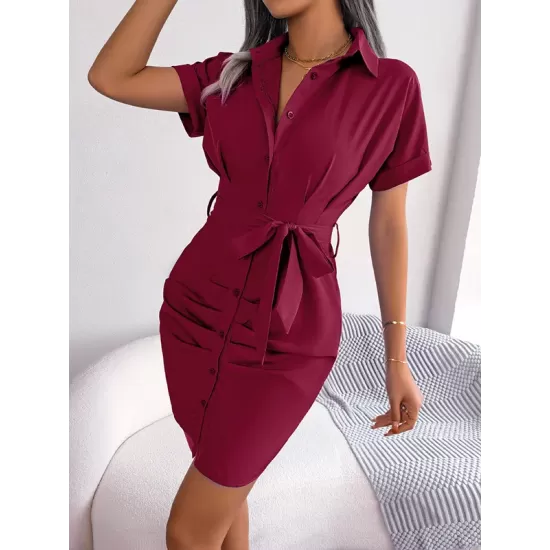 Bandage Pleated Solid Color Short Sleeves Lapel Mini Dresses Bandage Pleated Solid Color Short Sleeves Lapel Mini Dresses