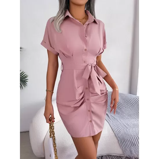Bandage Pleated Solid Color Short Sleeves Lapel Mini Dresses Bandage Pleated Solid Color Short Sleeves Lapel Mini Dresses