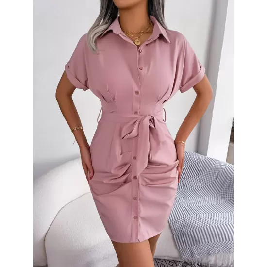 Bandage Pleated Solid Color Short Sleeves Lapel Mini Dresses Bandage Pleated Solid Color Short Sleeves Lapel Mini Dresses