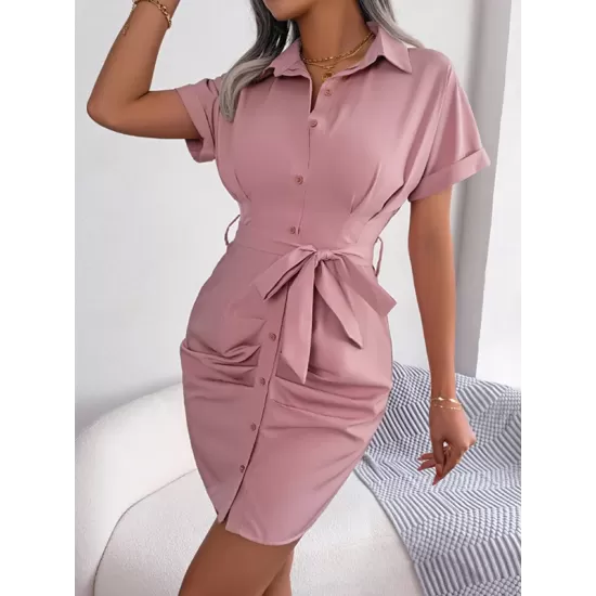 Bandage Pleated Solid Color Short Sleeves Lapel Mini Dresses Bandage Pleated Solid Color Short Sleeves Lapel Mini Dresses