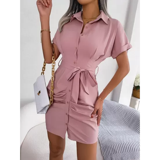 Bandage Pleated Solid Color Short Sleeves Lapel Mini Dresses Bandage Pleated Solid Color Short Sleeves Lapel Mini Dresses
