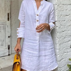 Long Sleeves Buttoned Hollow V-Neck Mini Dresses