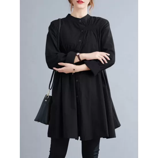 Asymmetric Buttoned Elasticity Pleated Long Sleeves Loose Mini Dresses Asymmetric Buttoned Elasticity Pleated Long Sleeves Loose Mini Dresses