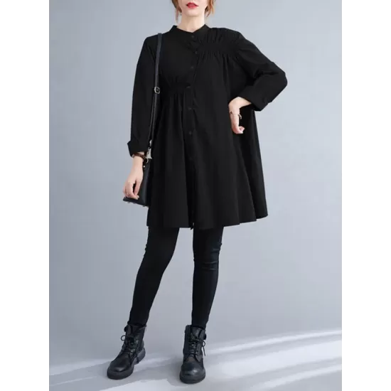 Asymmetric Buttoned Elasticity Pleated Long Sleeves Loose Mini Dresses Asymmetric Buttoned Elasticity Pleated Long Sleeves Loose Mini Dresses