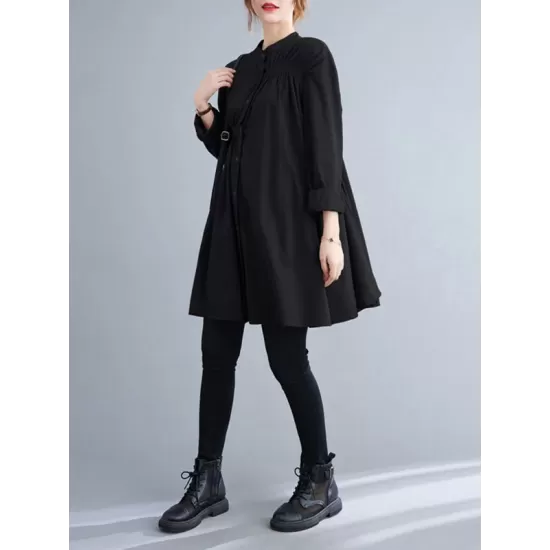 Asymmetric Buttoned Elasticity Pleated Long Sleeves Loose Mini Dresses Asymmetric Buttoned Elasticity Pleated Long Sleeves Loose Mini Dresses